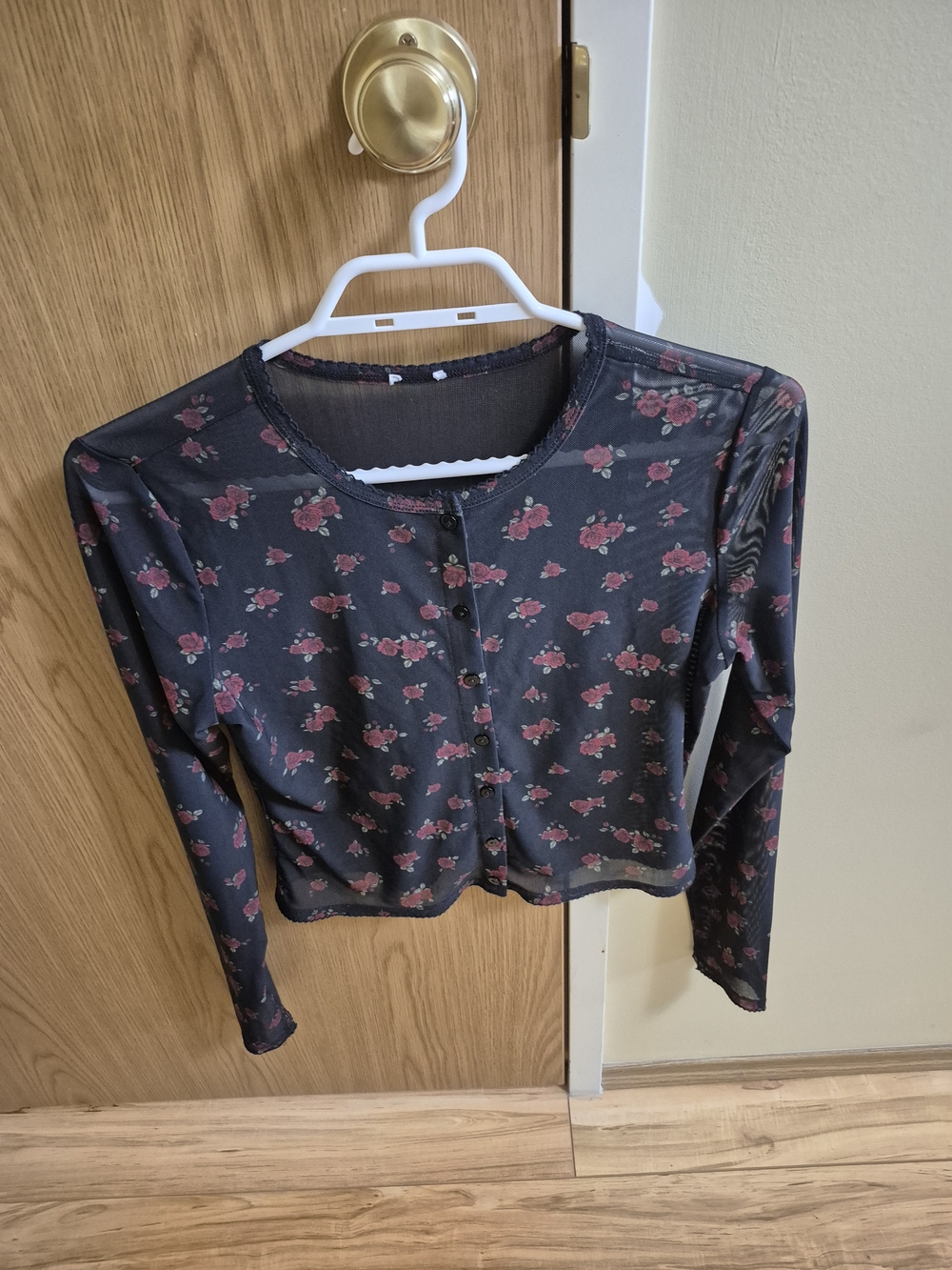Garage Black Long-Sleeve Floral Crop Top with Pink Roses